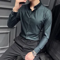 Camisa de manga larga a rayas para hombre, ropa de vestir informal, ajustada, de alta calidad, para oficina Social, 2023