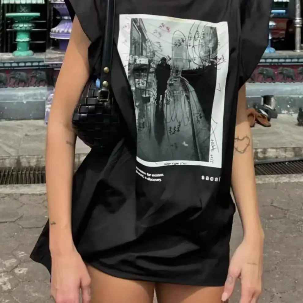 

FOG SACAI Spring Summer round Ne Print Svel Loose ort Sve T-irt Long Top Trendy Cotton Commute Sle Youthful