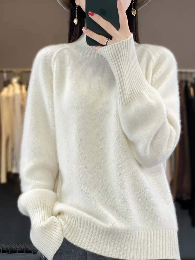New Women's Thick Sweater Autumn Winter 100% Merino Wool Pullover Mock Neck Casual Soft Solid Knitwear Female Clothes Tops