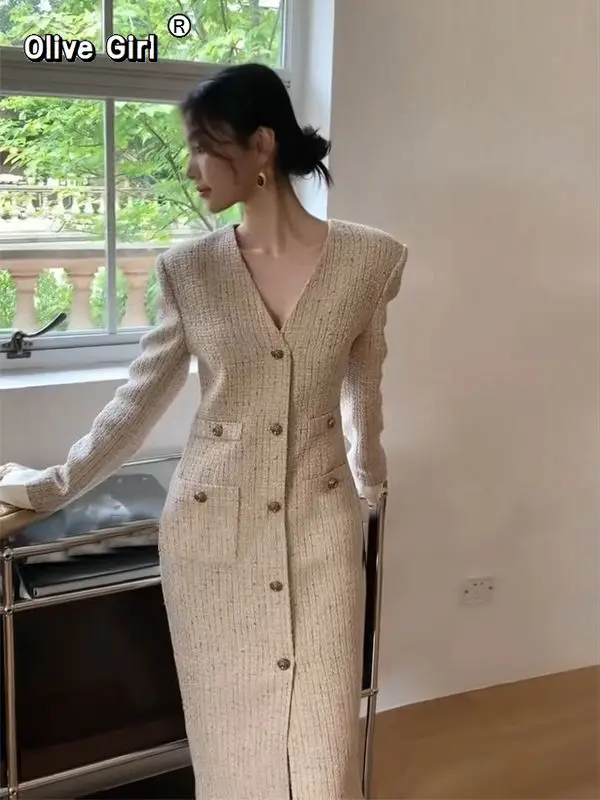 

French Dress V Neck Elegant Sexy Temperament Coarse Floral Long 2026 High-end Long Sleeve Autumn Winter Dress