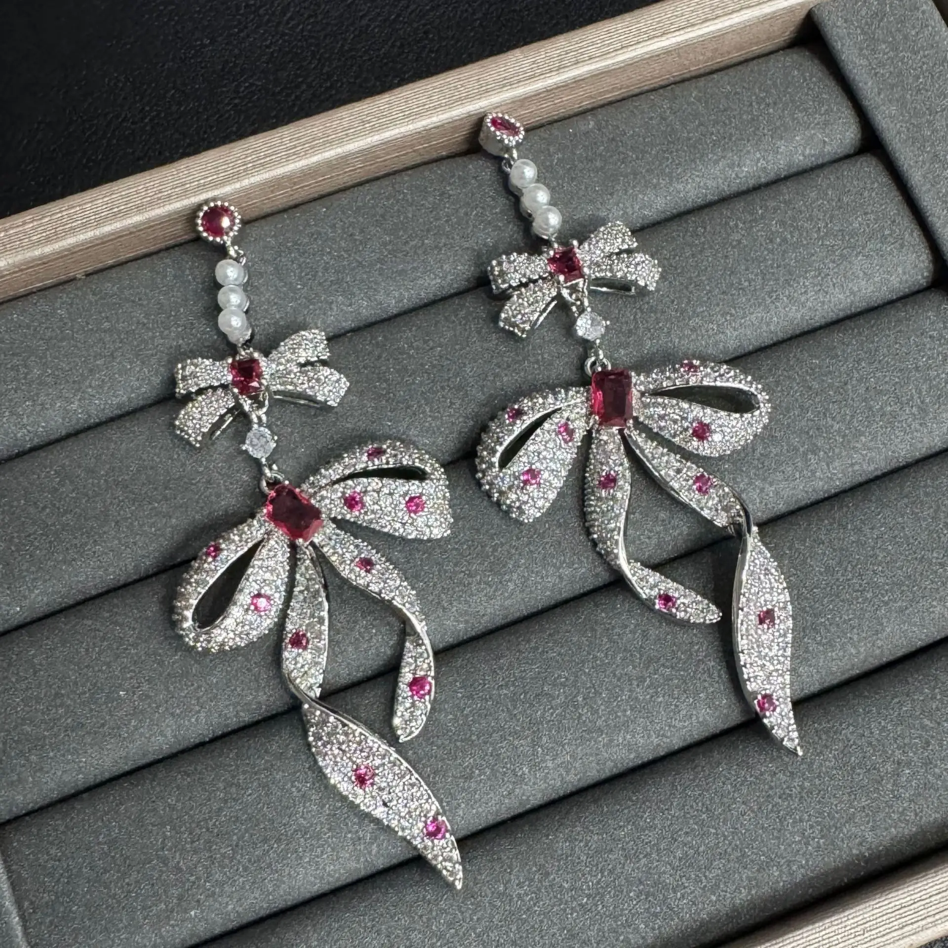 

shiny cubic zirconia big bowknot earrings for women luxury jewelry dinner party wedding long dangling earrings gift