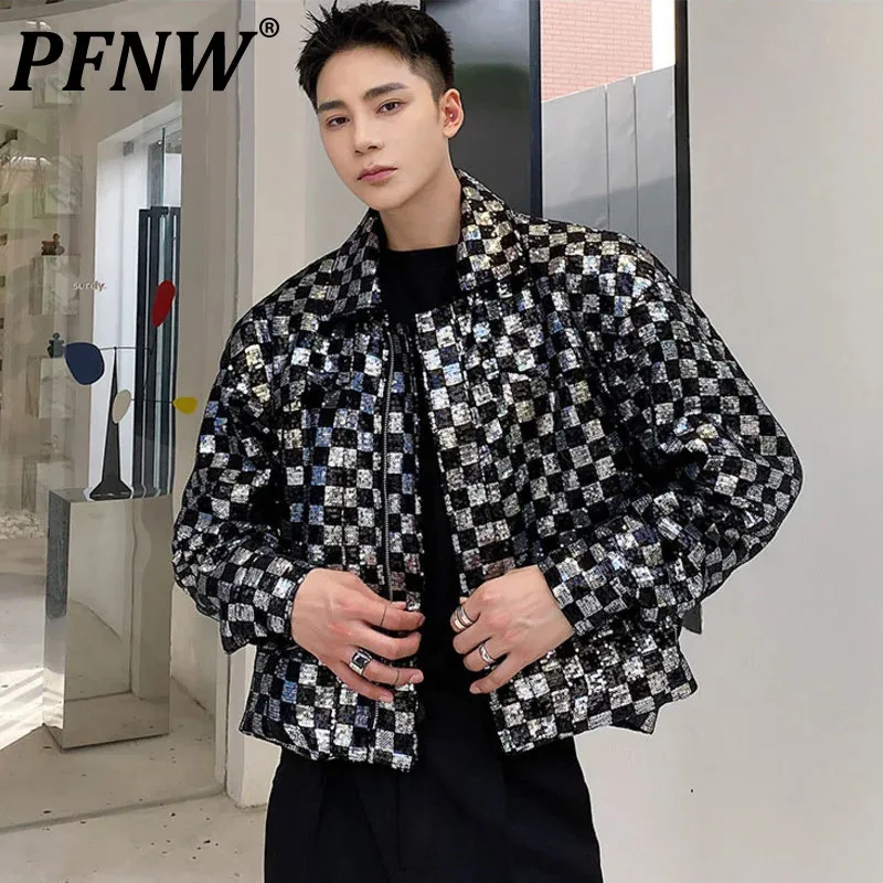 

PFNW Sequin Embroidered Plaid Short Men's Jacket Chic Design Lapel Zipped Short Coat 2024 New Autumn Oversized Clothing 9Y9983