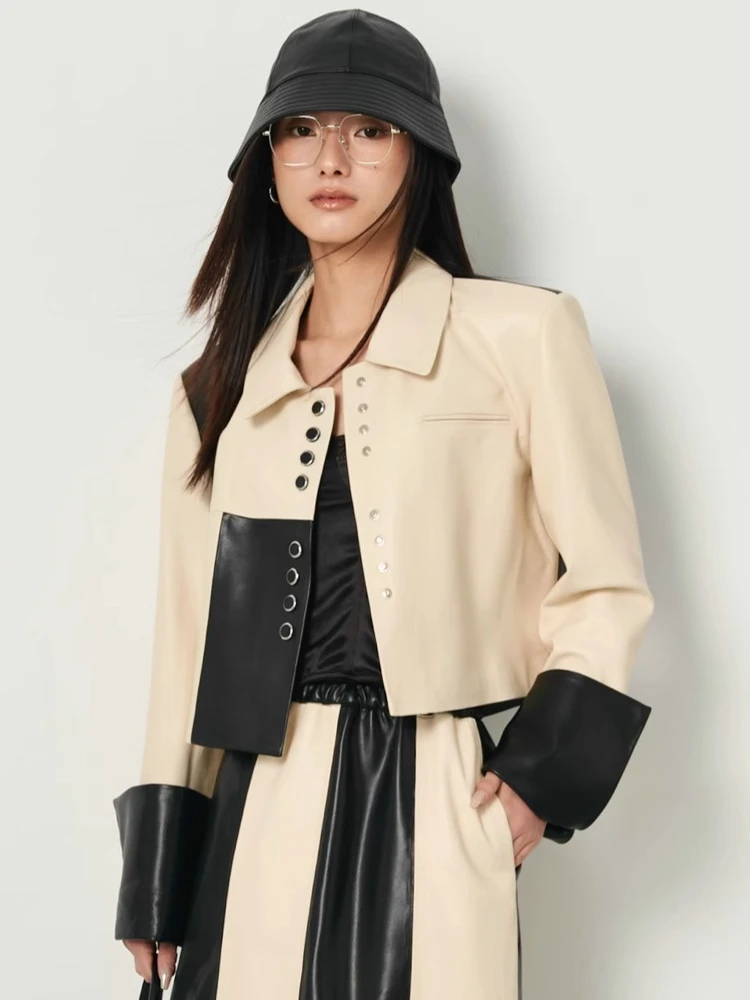 Elegant Genuine Leather Cropped Jackets Women Spring Autumn High-end Simple Black White Contrast Design Soft Real Sheepskin Coat