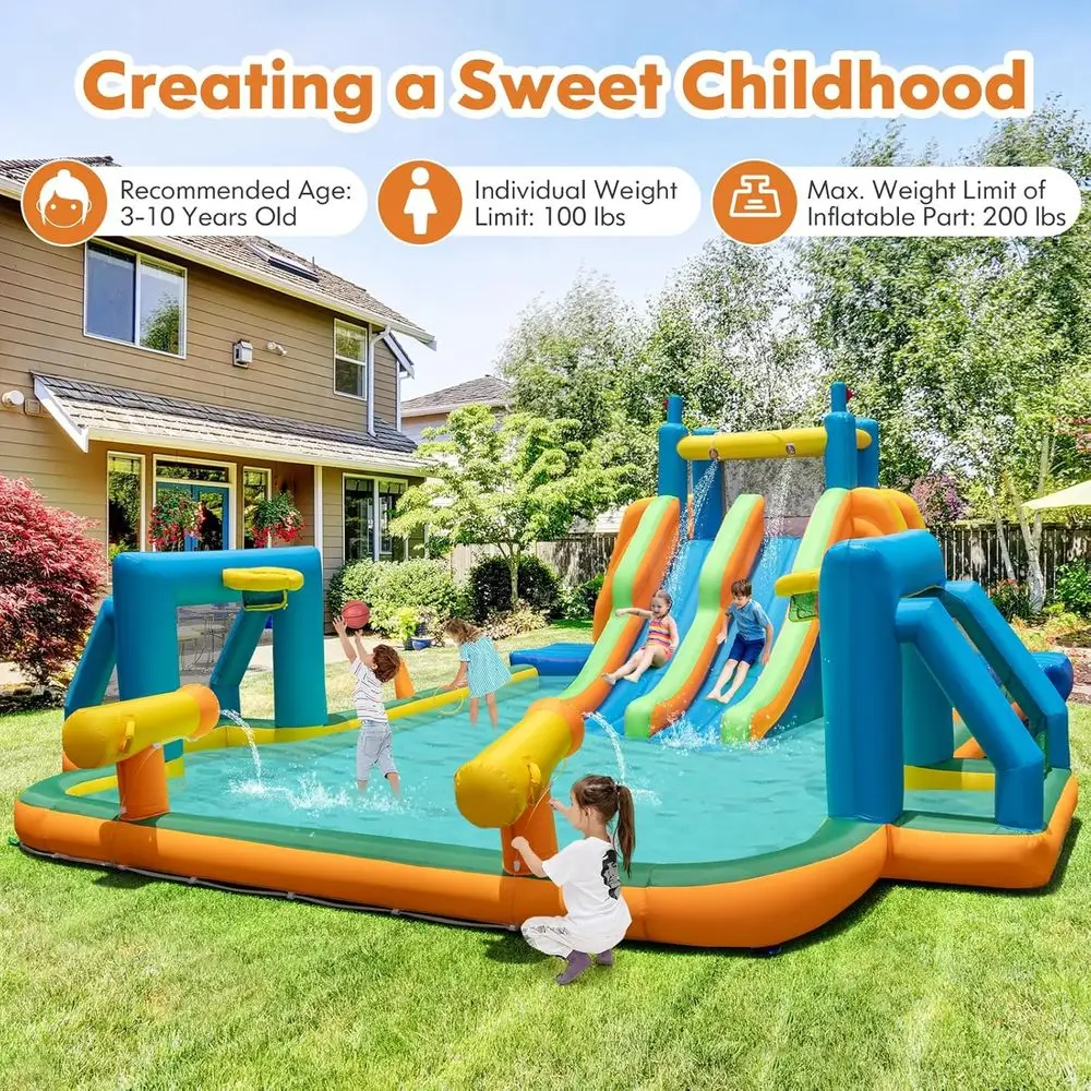 Dwukierunkowa dmuchana zjeżdżalnia wodna, 5,8x5,2 m z ścianami do wspinaczki, bramkami do piłki nożnej i basenem dla dzieci.