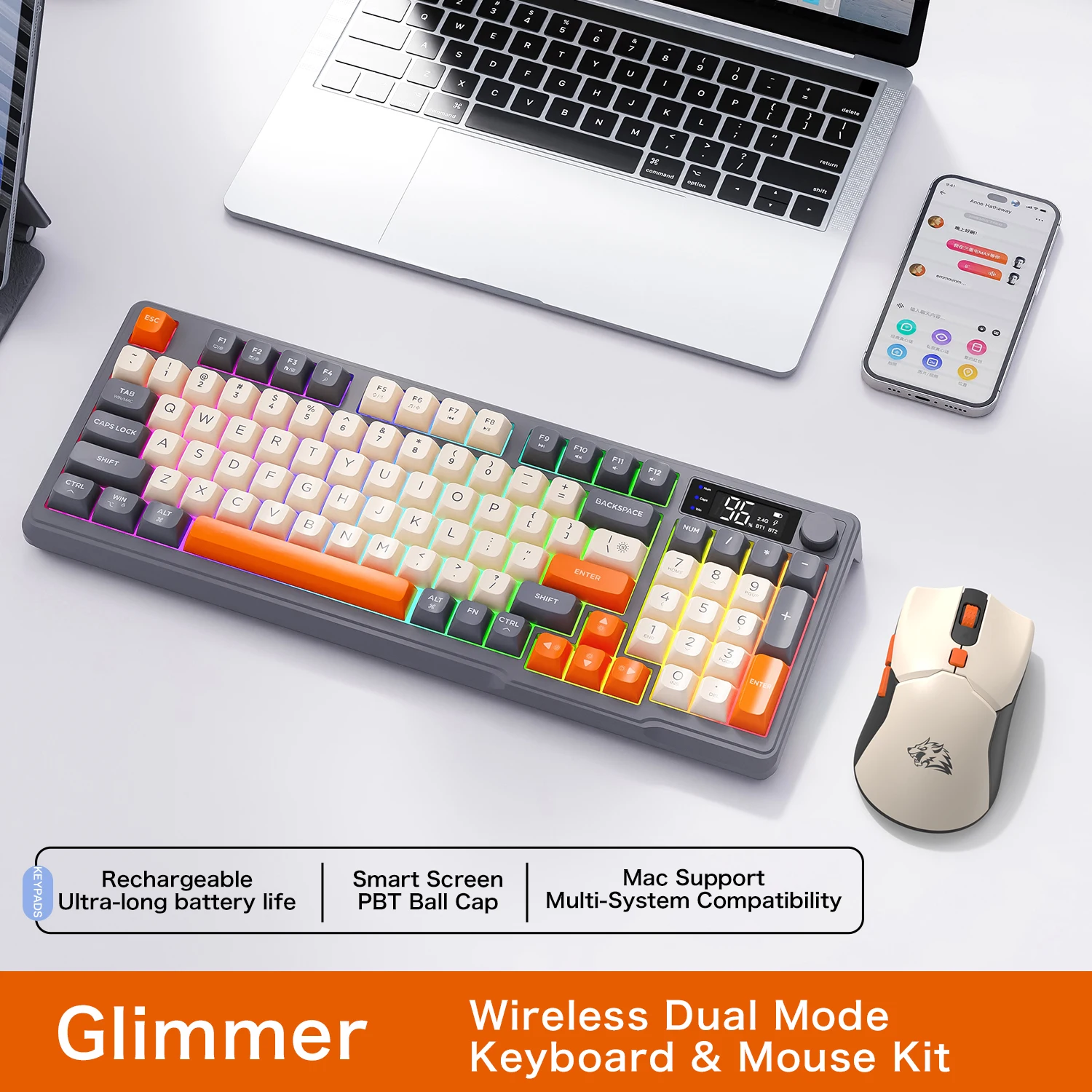 

T96 Wireless Dual-Mode Keyboard and Gaming Mouse Kit,FREEWOLF RGB Rainbow Backlight,Fashionable Three-Color Design for PC/Mac