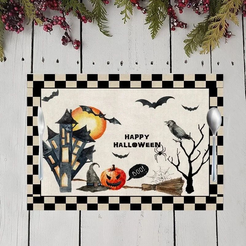 Consise 42x32cm Plaid Linen Halloween Placemat Heat Resistant Table Cup Mat Dining Party Home Decor Kitchen Table Accessories