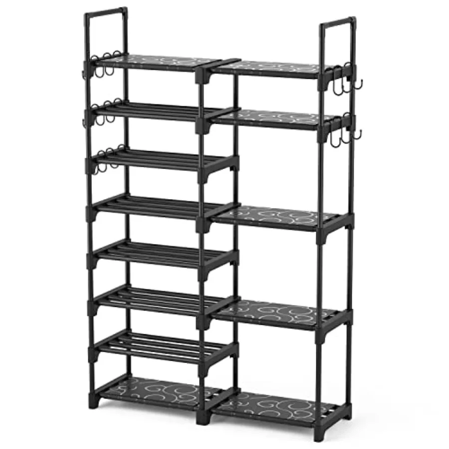 

Shoe Rack Organizer, 8-Tier Metal Shoe Rack for Closet Entryway Garage, 26-32 Pairs Tall Shoe Boot Storage Shelf with 15 Hooks,