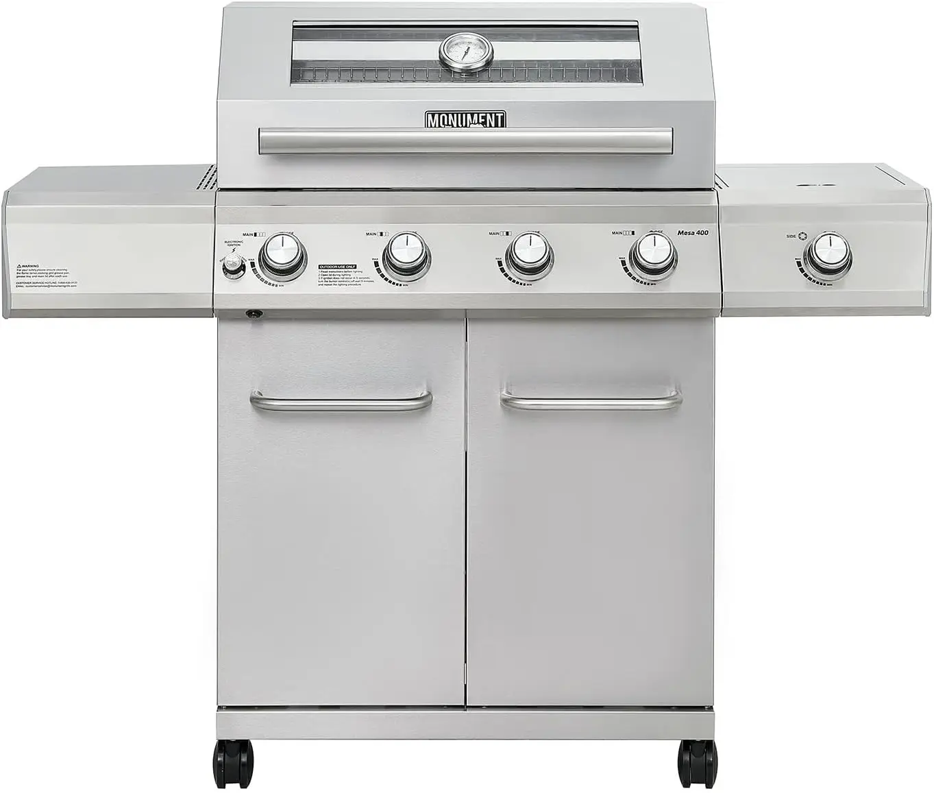 Clearview Larger 4-Burner Propane Gas Grill Stainless Steel Heavy-Duty Cabinet Style with LED Controls & Side Burner Mesa 400