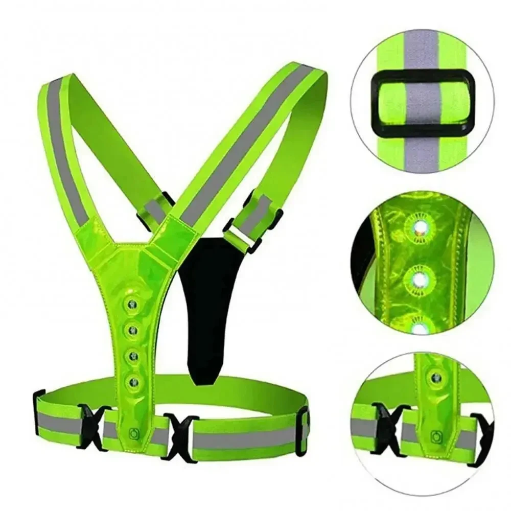 Safety Reflective Vest LED Running Light Adjustable Cycling Vest 4X1.5cm Outdoor Night Warning Work Fishing Sports Vest