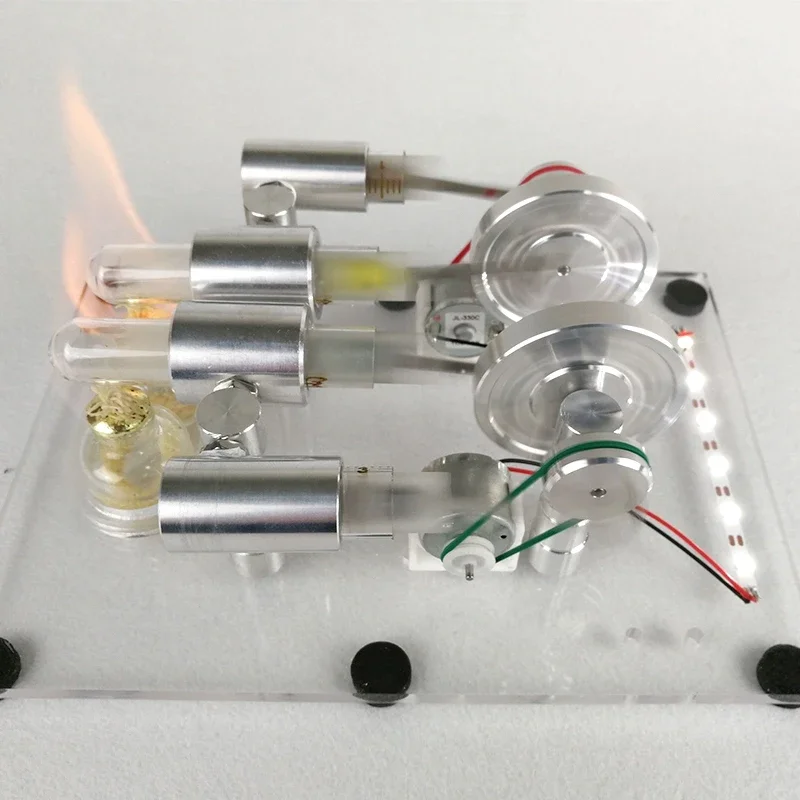 Modelo de motor Stirling, motor de doble cilindro de metal de alta potencia con generador LED, experimento científico