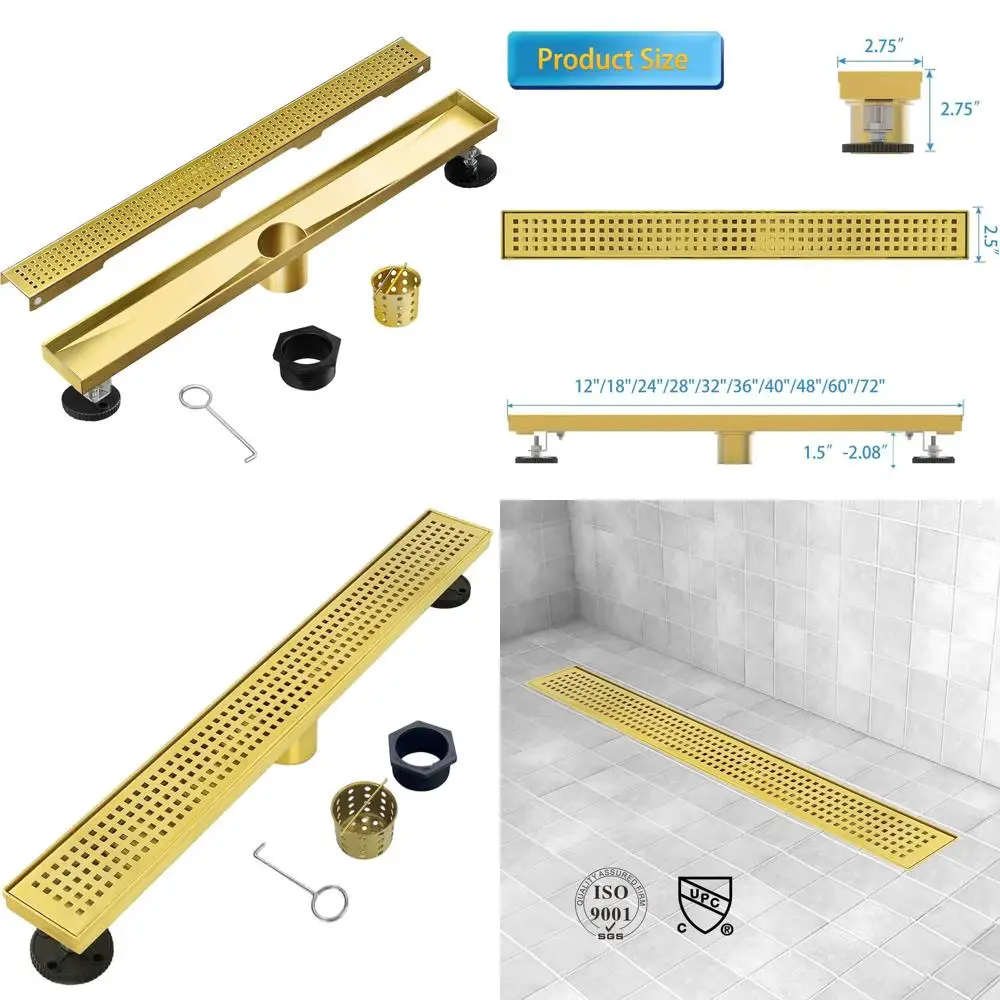 

18 Inch Gold Linear Shower Drain with Removable Grate, Brushed 304 Stainless Steel Floor Drain, Hair Strainer and Adjustable Fee