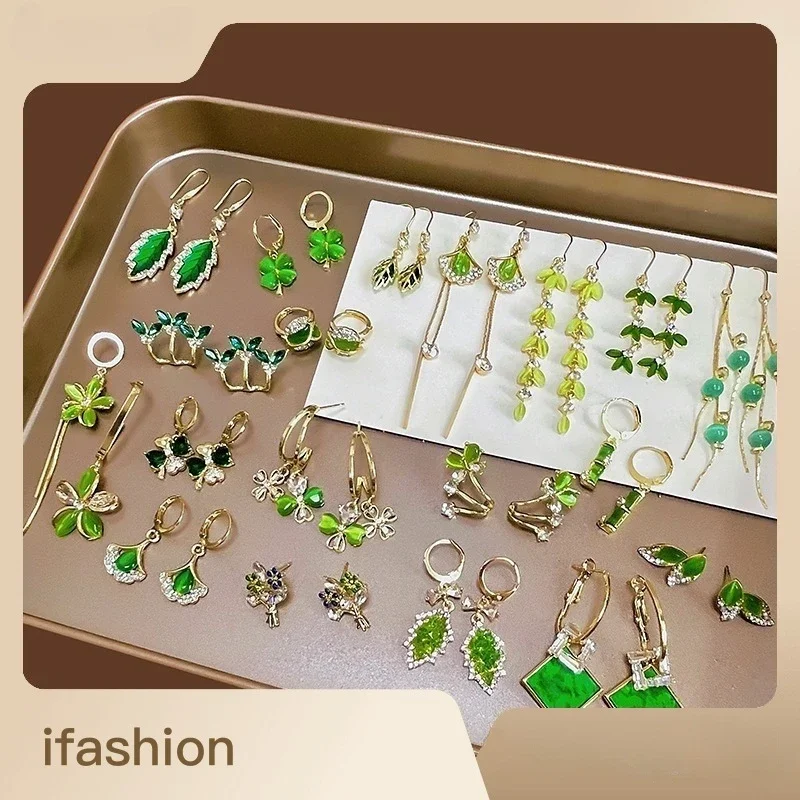 Silver Needle Green Opal Flower Earrings for Women Anti-lost Ginkgo Ear Thread Bamboo Four Petal Flower Earrings Jewelry Gift