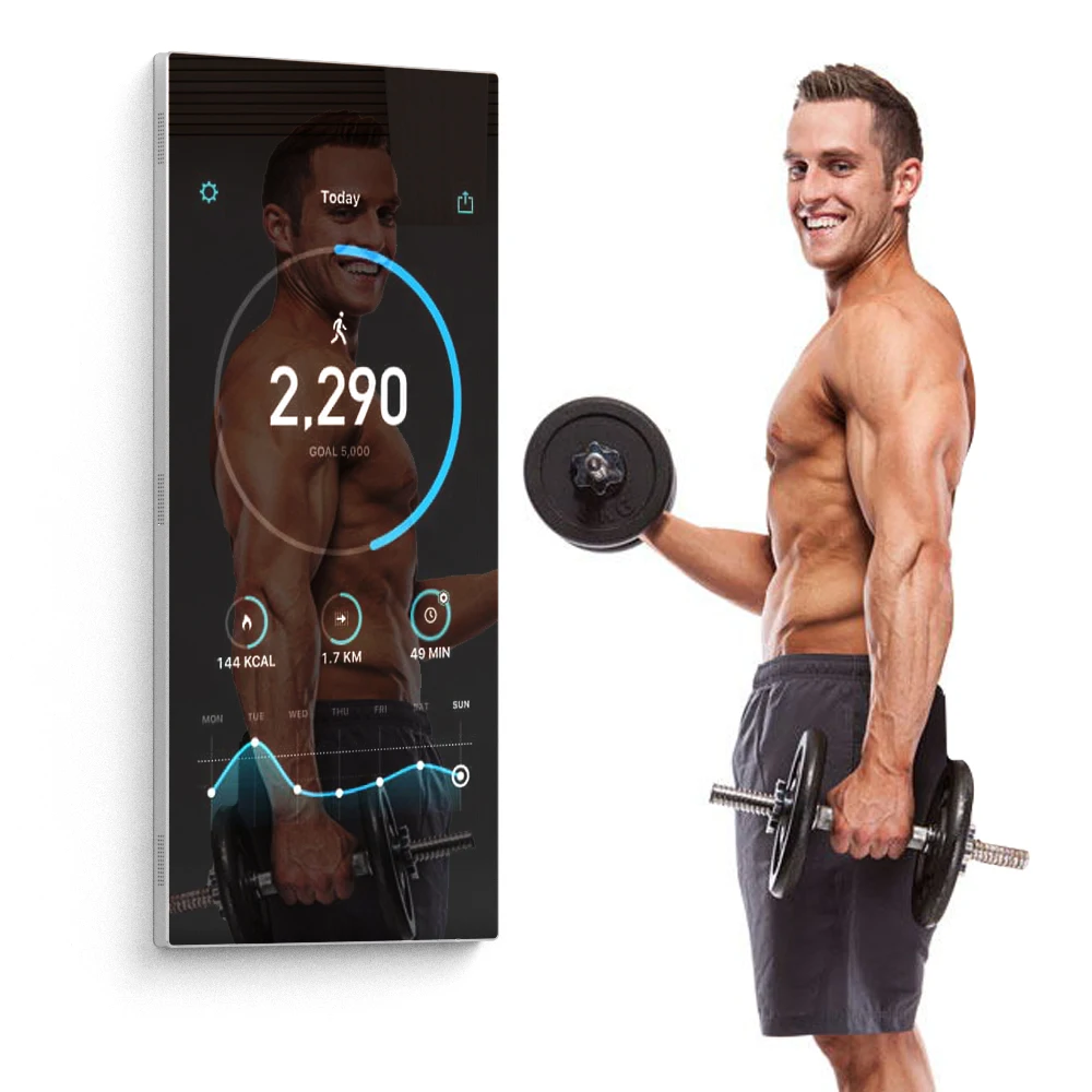 Espejo de ejercicio interactivo montado en la pared mágico con logotipo personalizado, wifi, android, pantalla táctil, lcd, inteligente, fitness