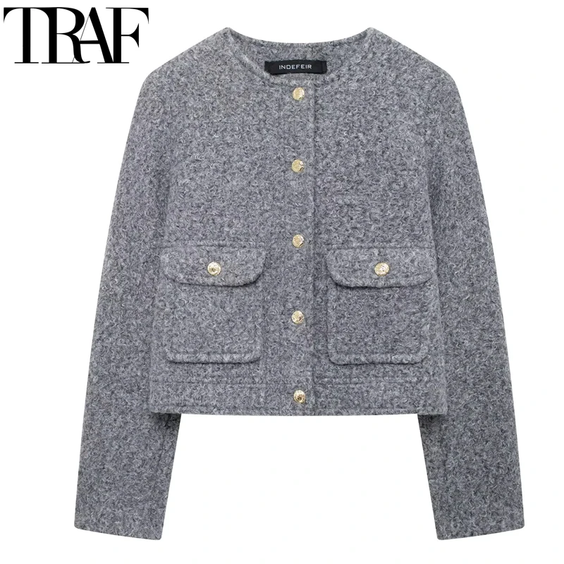 TRAF Women\'s Jackets Gray Cropped Jacket Autumn Faux Wool & Blends Coats Winter Long Sleeve Tweed Jacket Elegant Women Jackets