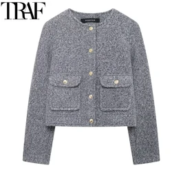 TRAF Women's Jackets Gray Cropped Jacket Autumn Faux Wool & Blends Coats Winter Long Sleeve Tweed Jacket Elegant Women Jackets