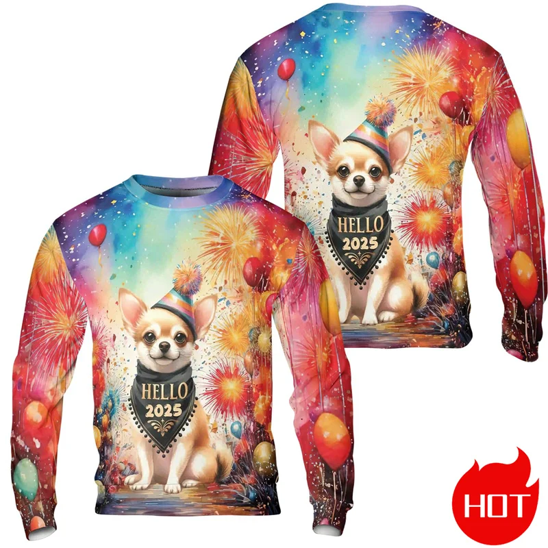 3D Printed Happy New Year 2025 Sweatshirts Bull Terrier Firework Graphic Round Neck Sweatshirts Women Fashion Mens Clothing Tops