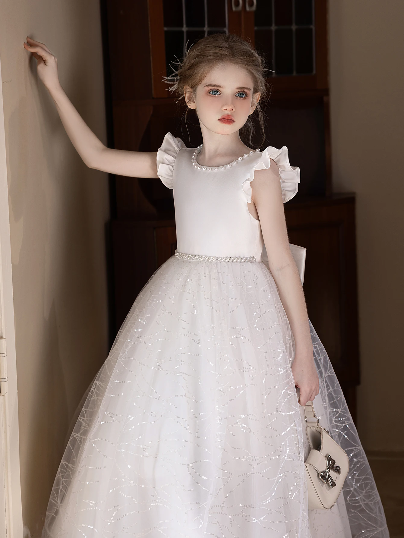 High-quality Sequin Dress for Girls White Floral Children's Wedding Gown with Pompom Skirt