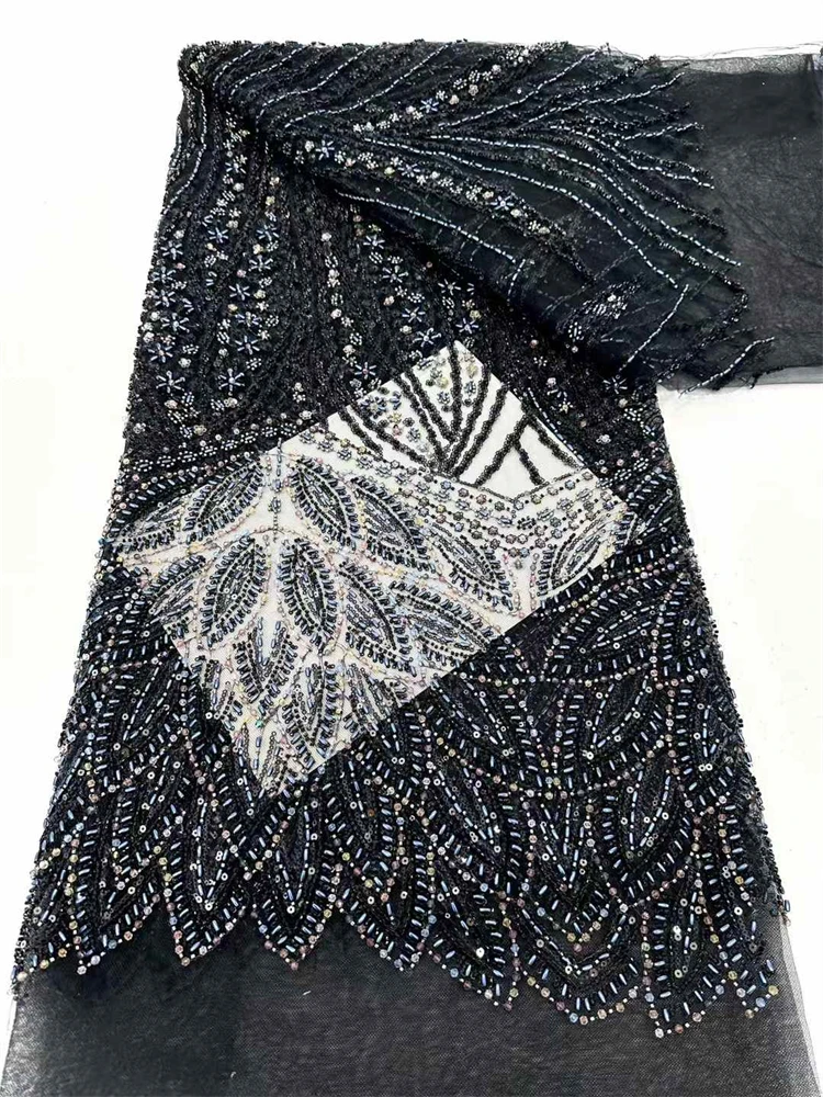 

Black African French Mesh Lace Beads Fabric Luxury Nigerian Net Lace With Sequins Wedding Dresses For Women High Quality 5 Yards
