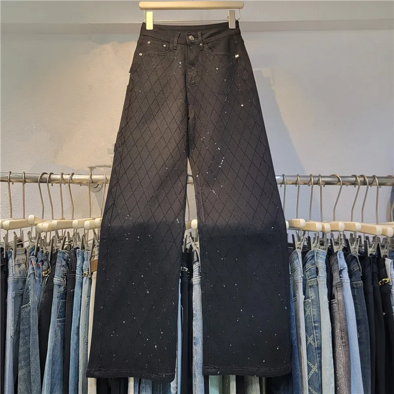 Street Rhinestone Rhombus Plaid Denim Trousers 2024 New Autumn High-waisted Loose-fitting Wide-leg Trousers Baggy Jeans Women