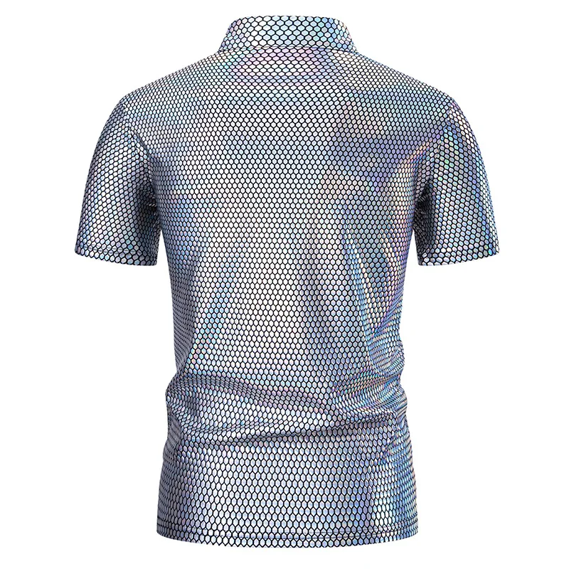 Shiny Silver Fish Scale Pattern Polo Shirt for Men Short Sleeve 70s Disco Nightclub Party Tshirts Hip Hop Hipster Stage Costume