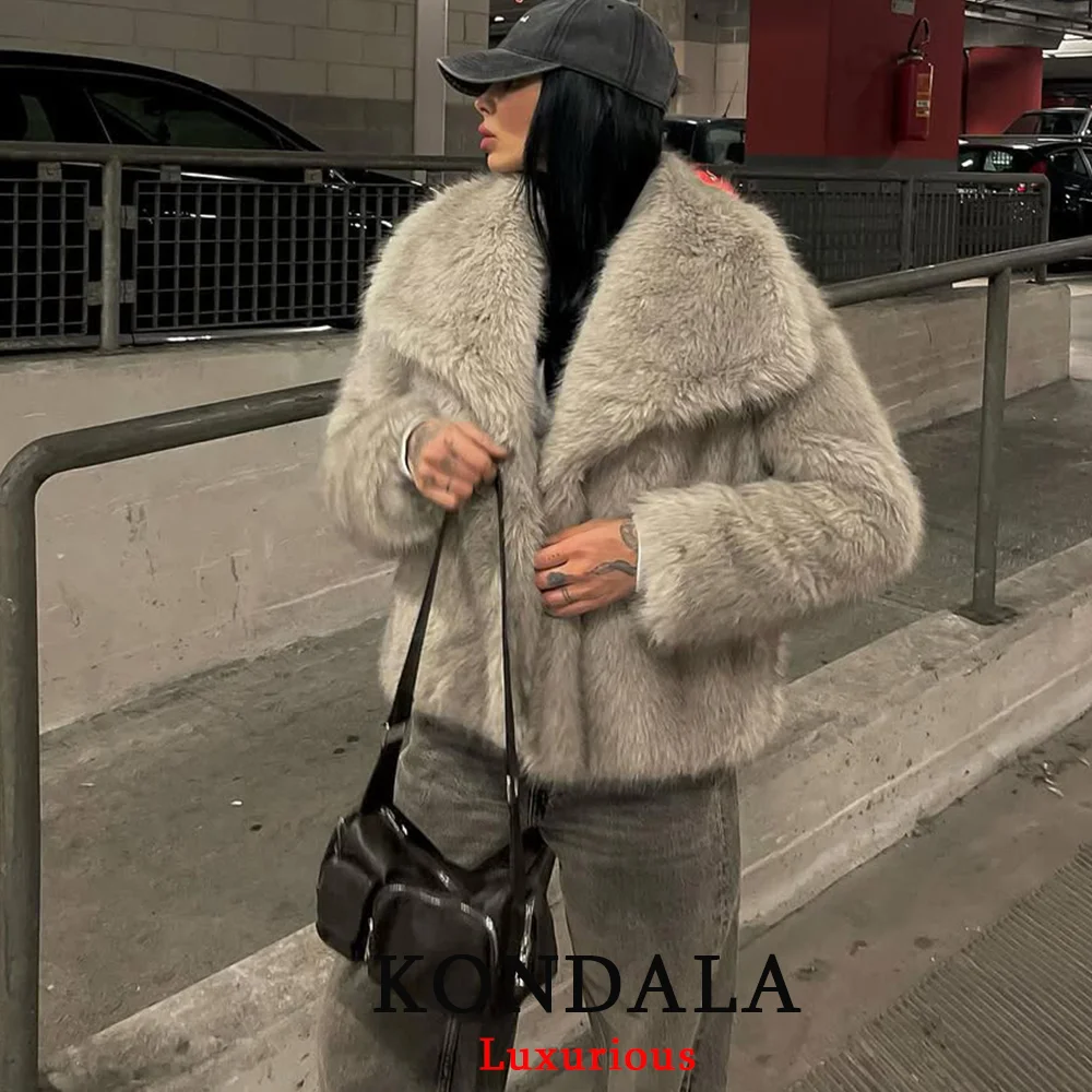 

KONDALA Casual Faux Fur Gray Jackets Women V Neck Loose Pockets Coats Fashion 2025 Autumn Winter Thick Warm Elegant Outwears