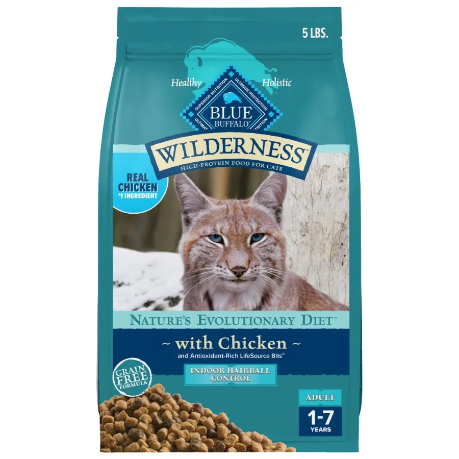 

Сухой корм для кошек Wilderness Indoor Hairball Control беззерновой с курицей, 5 фунтов.