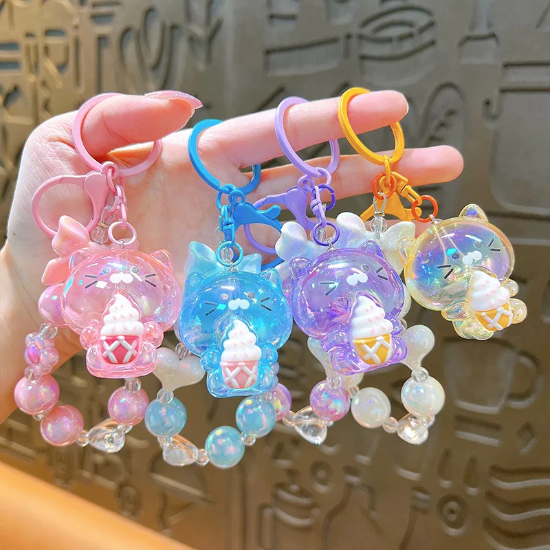 Lovely Resin Candy Cat Keychain 3D Simulation Ice Cream Key Rings for Women Girl Handbag Pendants Keyfob Kids Bow Bracelet Gifts