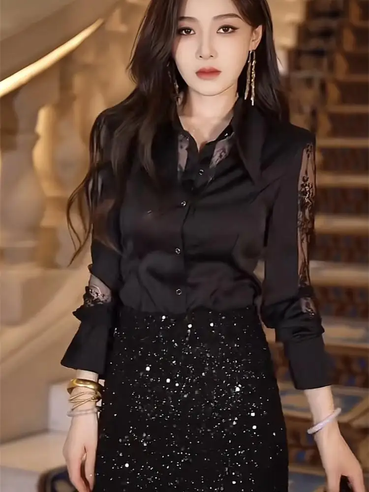 

Advanced light luxury temperament commute set women's autumn new fashion lace patchwork shirt sequined hip hugging skirt