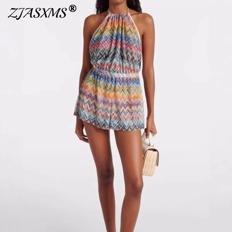 

Vacation Sexy Off Shoulder Short Jumpsuit Woman Spring Striped Print Halter Playsuit Romper Summer Hollow Backless Boho Overalls