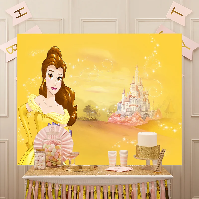 Disney Golden Rose Photography Banner Decor Props Princess Beauty and the Beast Belle Backdrop Kids Birthday Party Background