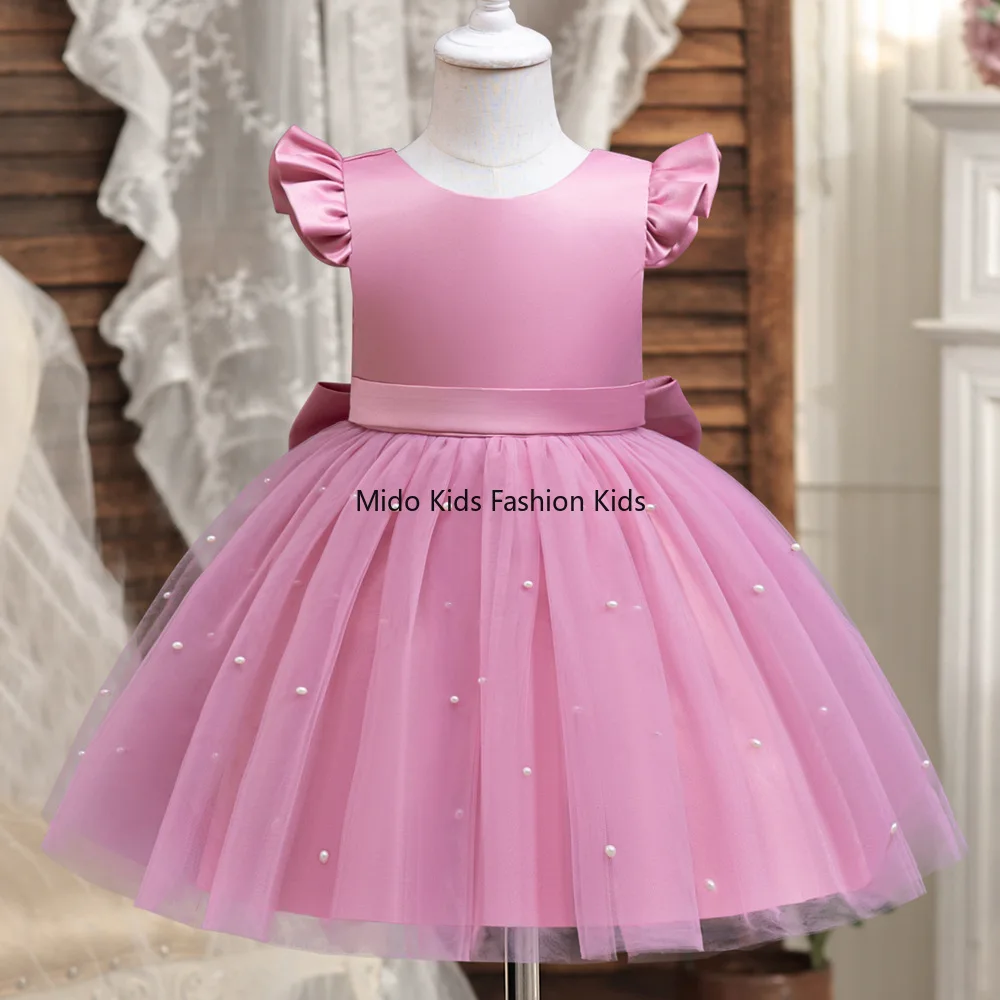 Girls' Korean-style formal dress  sleeves pearl-embellished tulle princess skirt open back bow detail piano recital attire