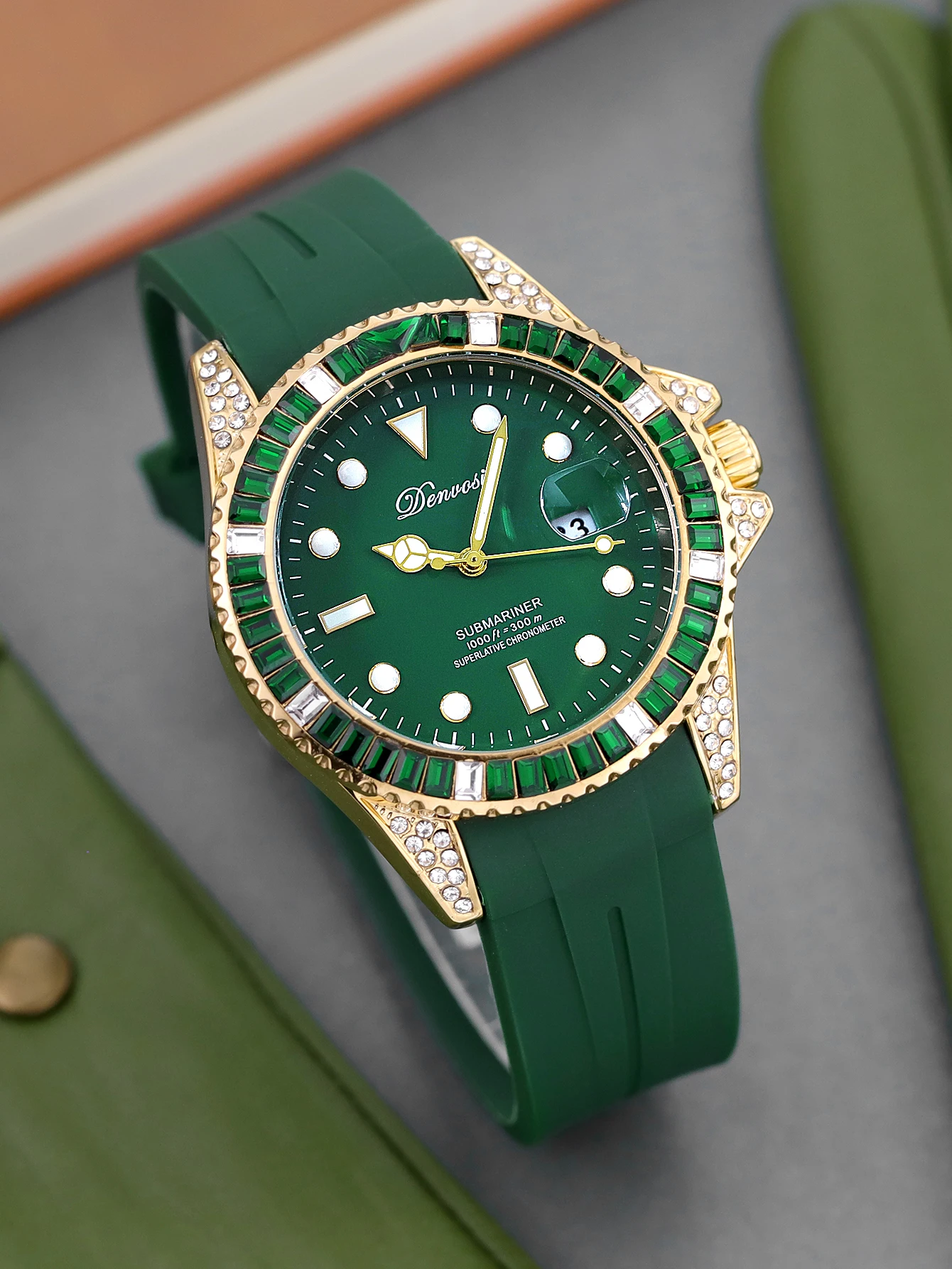 DENVOSI مجموعة الماس الفاخرة كوارتز ساعة فاخرة سيليكون الشريط التقويم ساعة للجنسين