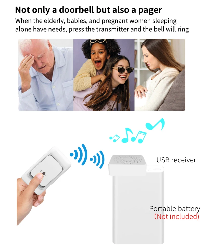 433 Doorbell Wireless Home Intelligent Remote Control Doorbell USB Powered Elderly Call Reminder Home Welcome Doorbell