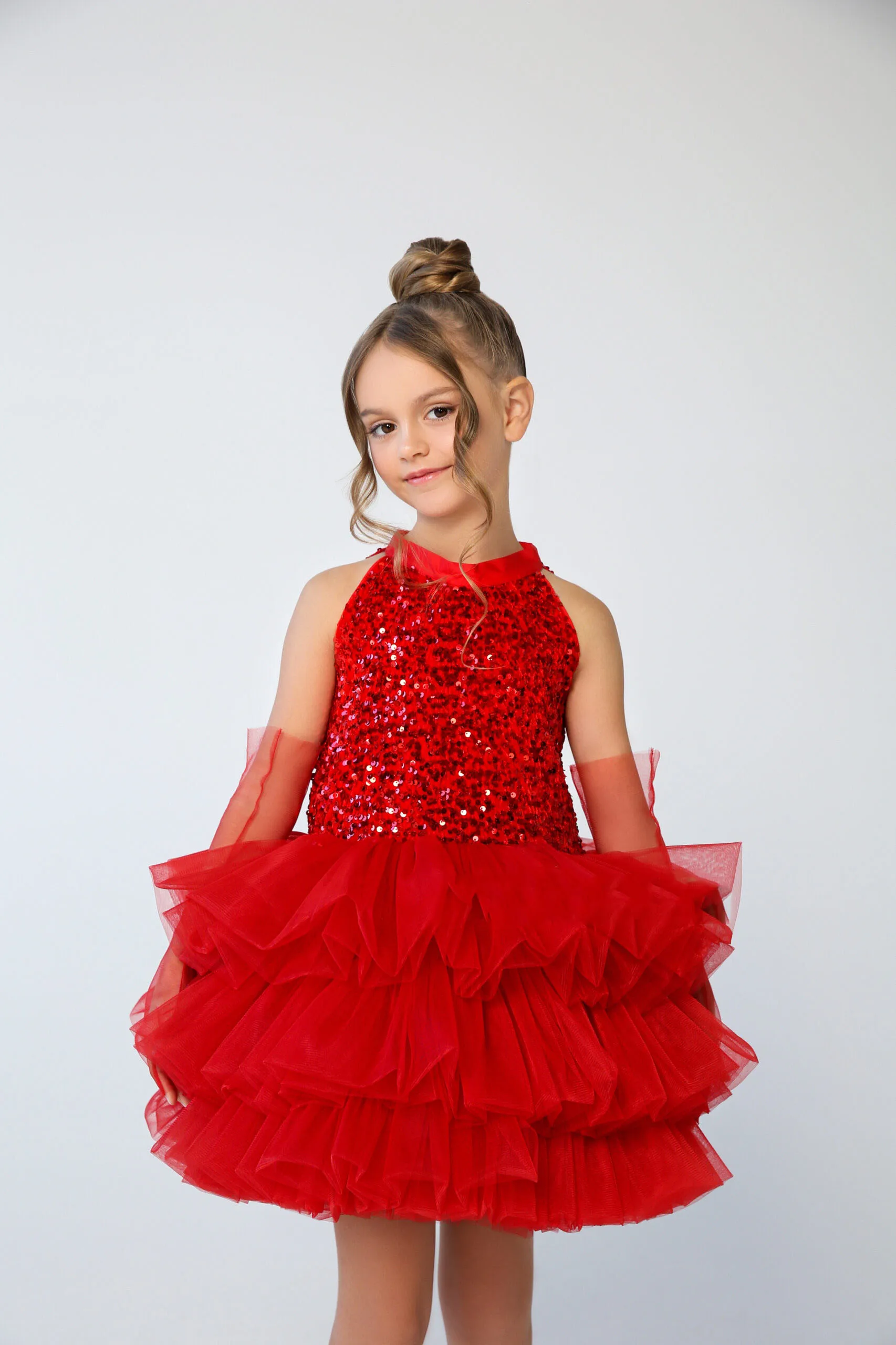 

Red Shiny Flower Girl Dress for Wedding Sleeveless Knee Lenght Tuffy Tiered Pufty Kids Birthday Customized First Communion Gown
