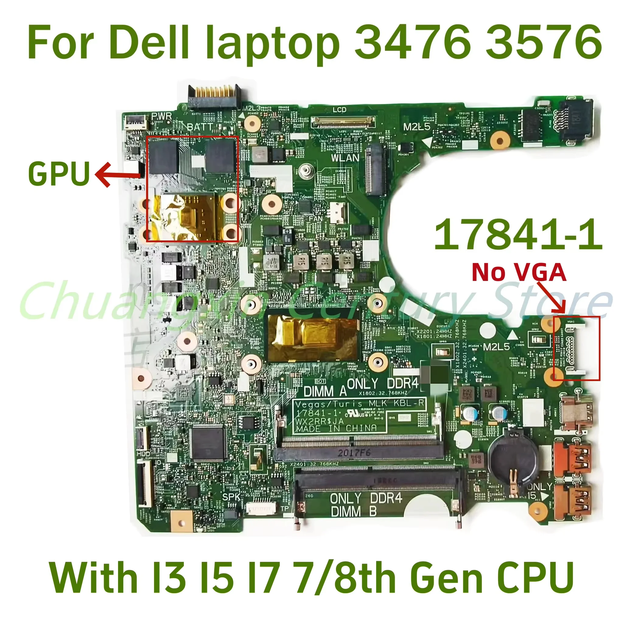

For Dell laptop 3476 3576 Laptop motherboard 17841-1 with CPU I3 I5 I7-8TH 100% Tested Fully Work