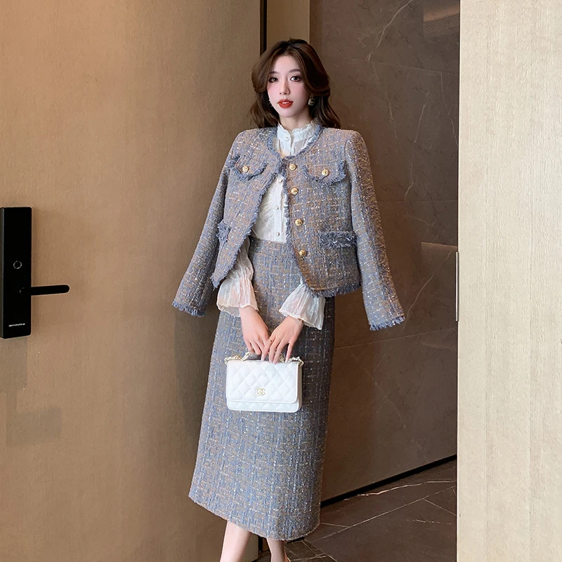 French Vintage Small Fragrance Tweed Two Piece Sets Women Outfits High Quality Fringed Jacket Coat & Long Skirt Office Suits