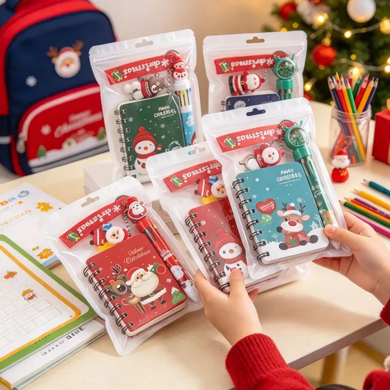 1-10Bags Holiday Stationery Gift Set Notebook Gel Pens Keychain Bundle for Student Exam Rewards Xmas School Office Home Supplies