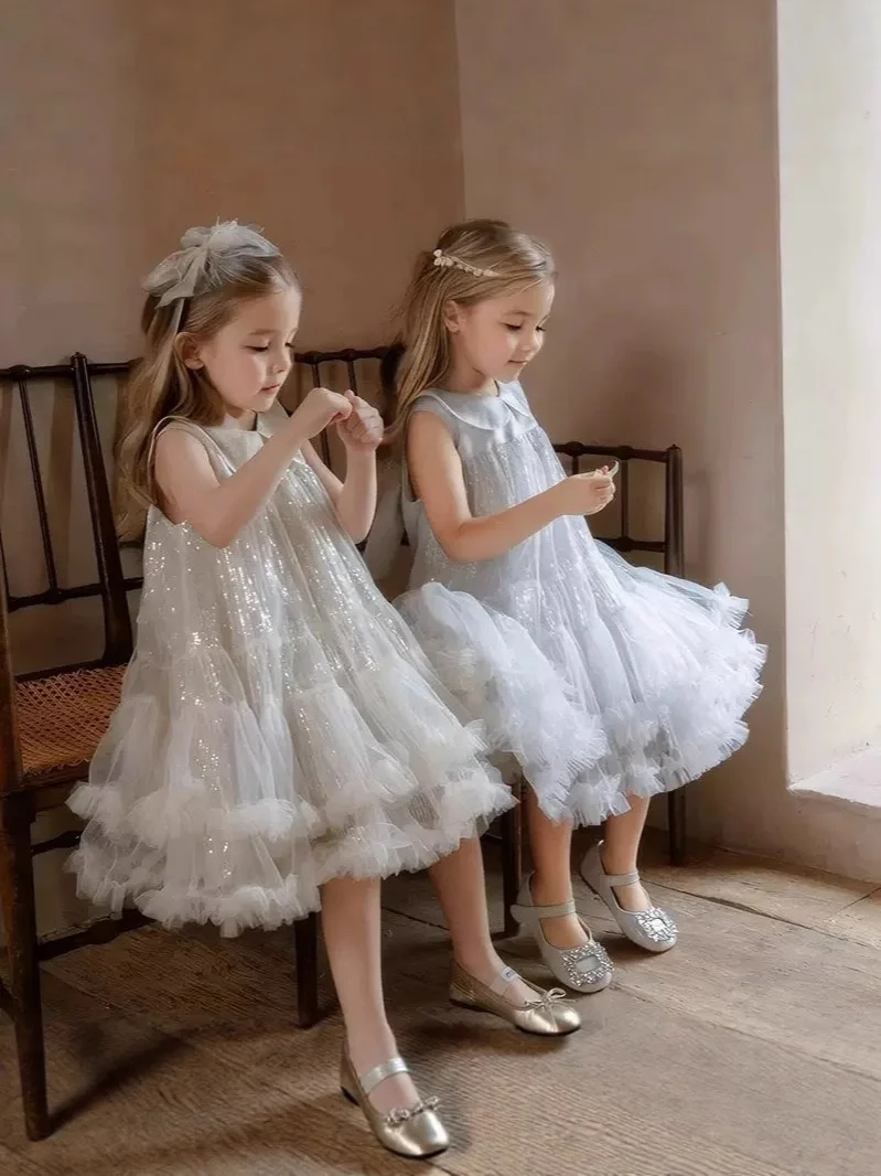 

Детское платье принцессы, новое летнее детское пышное платье из сетки с блестками цвета шампанского без рукавов на день рождения для девочек ​ Одежда для детей 2-9 лет