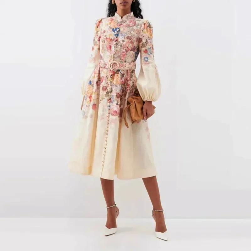 

Elegant Floral Printed Dress Women Fashion Lantern Sleeve Single Breasted Dresses Female Summer Chic Stand Neck Vacation Vestido