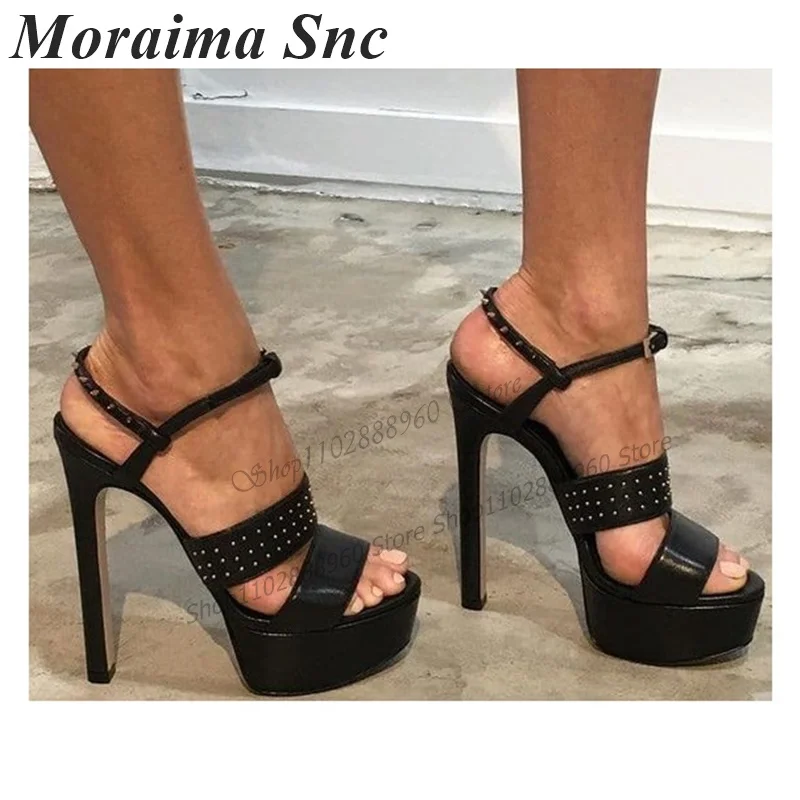 Black Platform Matte Leather Rivet Decor Sandals Thin High Heel Women Shoes Ankle Buckle Strap Open Toe 2023 Zapatos Para Mujere