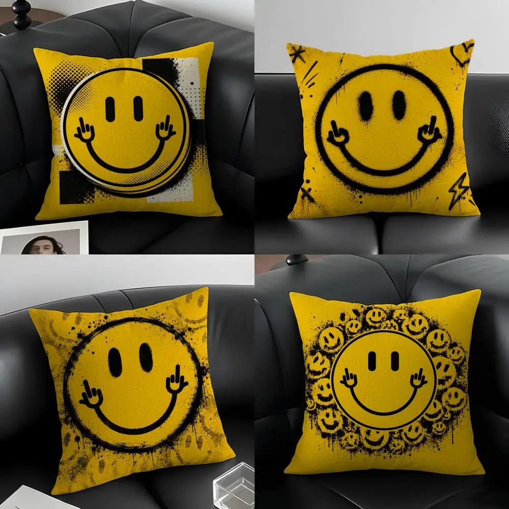 Symbol Smile Face Cushion Cover Natural Linen Pillowcase Set, All-in-One Decor for Sofa, Bedroom & Chair