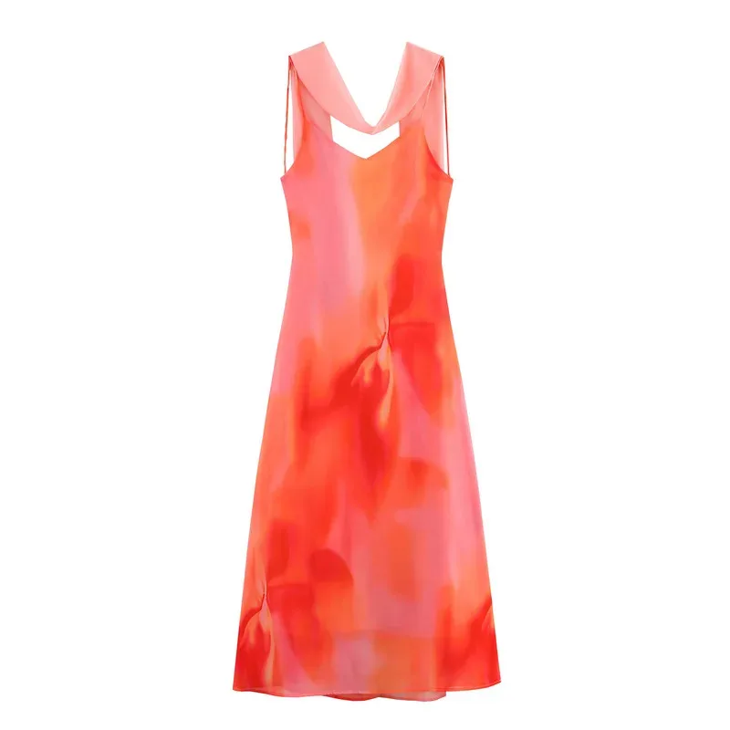 

Elegant Tie-Dye Long Dress V-Neck Sleeveless Slim-Fit Summer Beach Holiday Robe with Ribbon And Suspender for Women