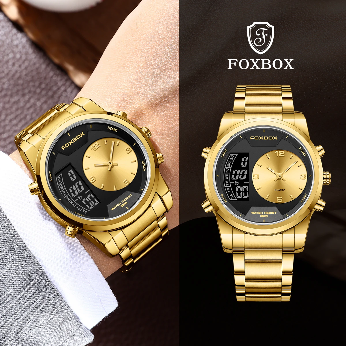 

Мужские роскошные часы FOXBOX, золотистые, из нержавеющей стали, с календарем, фазами Луны, хронографом, большим циферблатом, наручные часы для мужчин, Reloj Hombre