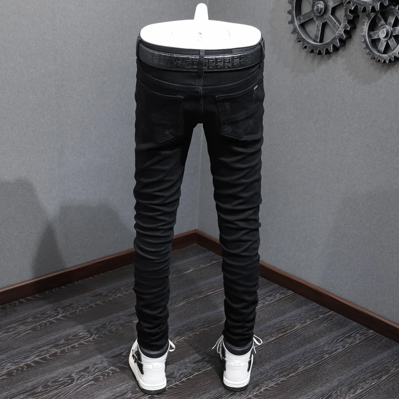High Street Fashion New Black Men's Jeans Washed Nostalgic Stretch Slim Fit Cashew Flower Patch Jeans Hip Hop Brand Designer Pan