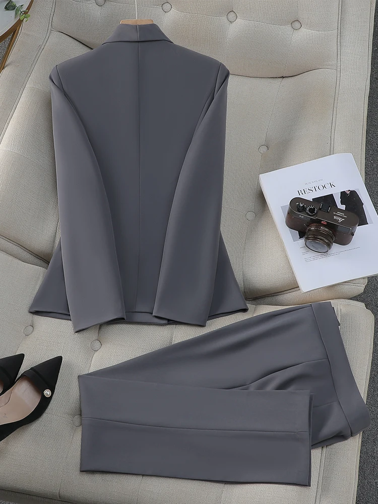 Women Pant Suit Gray Navy Black Office Ladies Female Business Work Wear 2 Piece Set Formal Blazer Jacket Trouser JJ1028