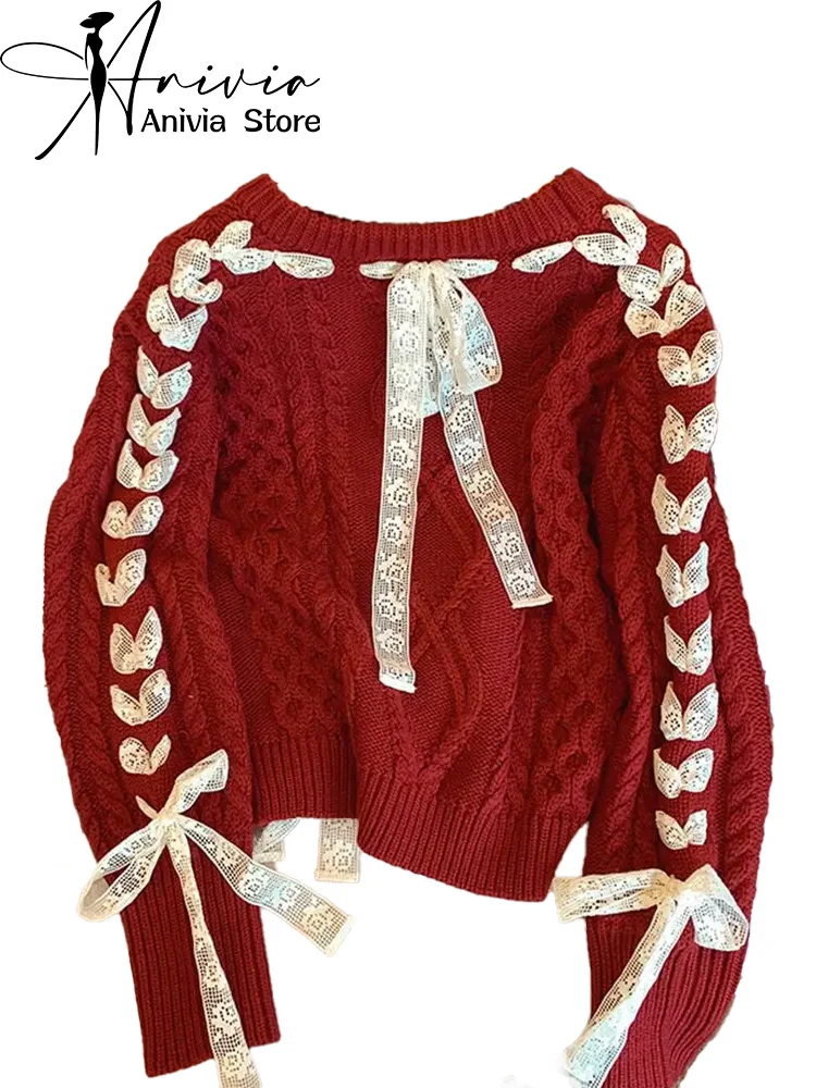 Women\'s Christmas Red Pullover Knitted Sweater Elegant Harajuku Y2k Long Sleeves Knit Sweaters Jumper Vintage 2000s Clothes 2024