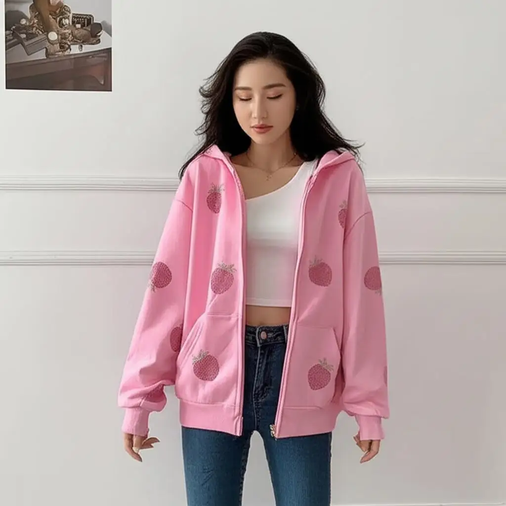 

Y2k винтажные толстовки на молнии, модная куртка в стиле панк, готика, пальто, новая уличная одежда, розовые толстовки в стиле Харадзюку со стразами ﻿