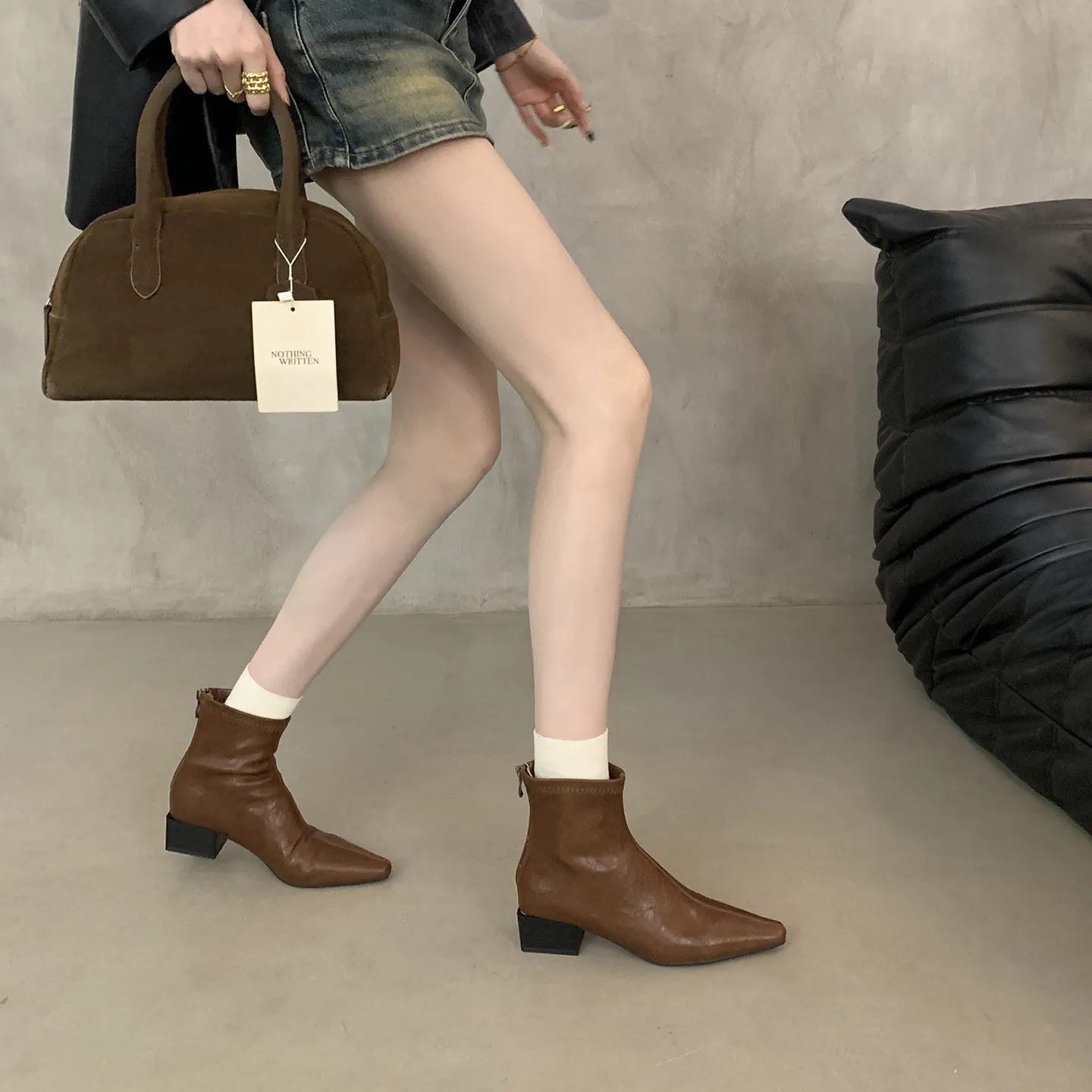 Korean Soft Leather Pointed Toe Chunky Heel Ankle Boots Women 2026 Autumn Winter Office Slim Boots