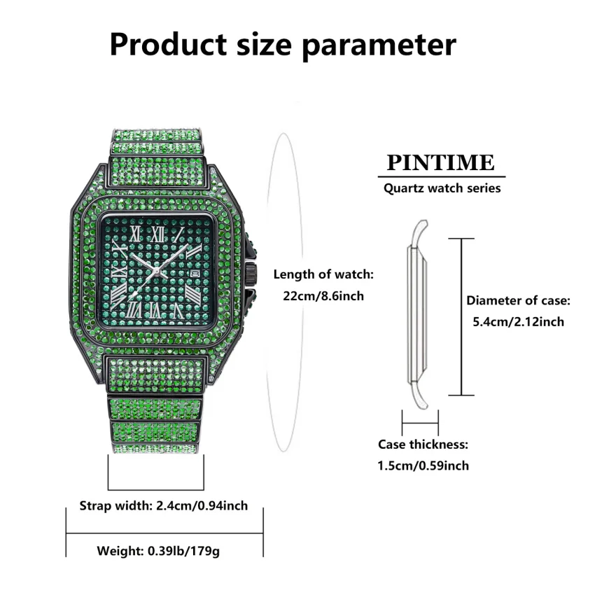 Green Diamond Iced Out Watch Black Plated 24mm Width Roman Numerals Dial Quartz Wristband Watch for Men Women view 6