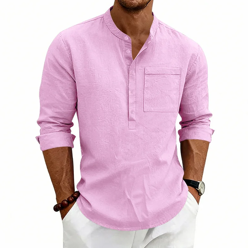 Men's Linen Stand Collar T-Shirts Spring Summer American Style Long Sleeve Pull On Solid Casual Tshirt Male Breathable Tees Tops